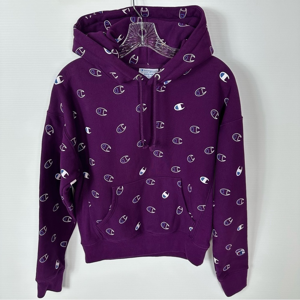 Champion Size M Reverse Weave All Over Logo Print Hoodie - Picture 6 of 13